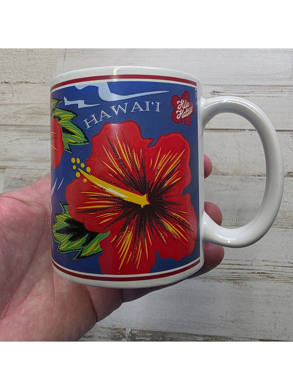Vintage Hilo Hattie Hawaii Coffee Mug Blue Red Hibiscus Flower Ceramic Souvenir